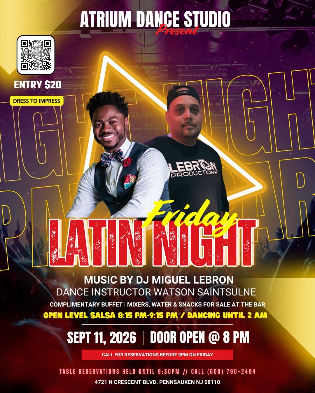 Friday Latin Night flyer for September 11 at Atrium Dance Studio in Pennsauken NJ — Watson teaches the open-level salsa lesson at 8:15 PM with music by DJ Miguel Lebron
